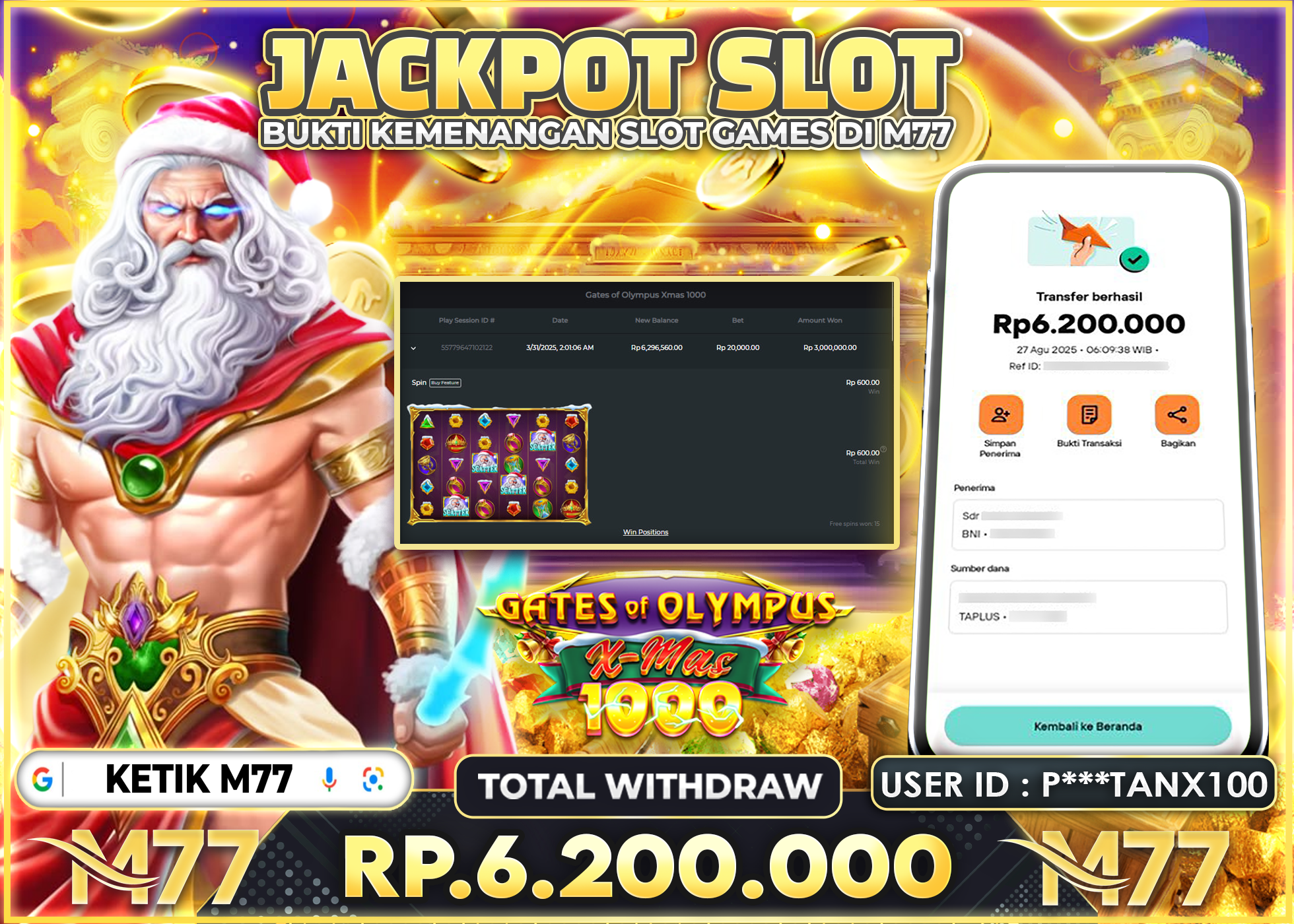 P***TANX100 JACKPOT GATE OF OLYMPUS Rp.6.200.000 - LUNAS